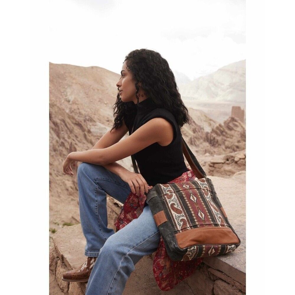 Myra Bag Handmade Mojave Shoulder Bag Upcycled Canvas & Cowhide Leather